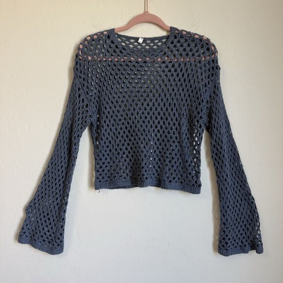 Womens Blue Open Knit Beachy Boho Bell Sleeve Sweater Size L Festival Beach - Picture 1 of 13